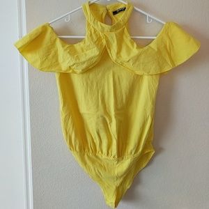 Yellow cold-shoulder, collared bodysuit